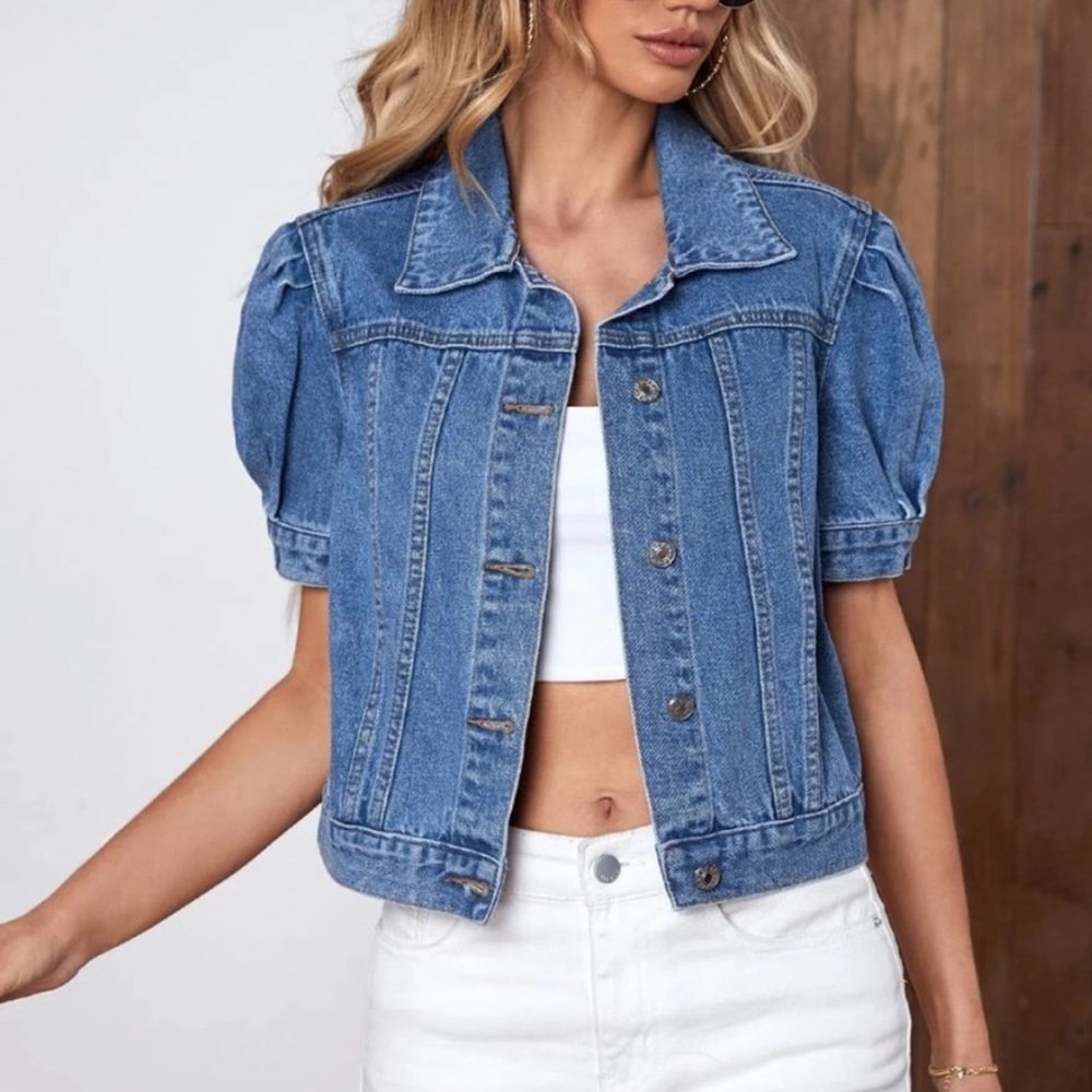 Puff sleeve button front denim Jean casual jacket